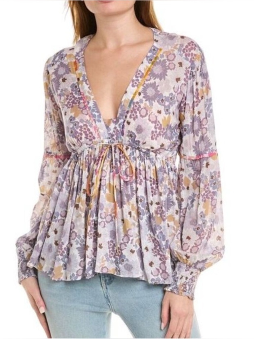 Johnny Was Darla Floral Print Peasant Top Blouse Lavender Lilac L (Like New)